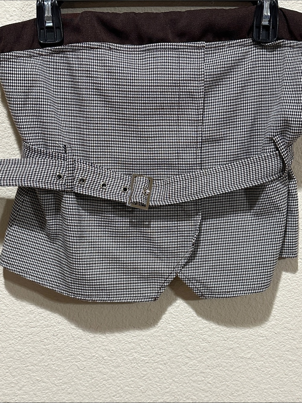 Houndstooth Peplum Belted Strapless Top